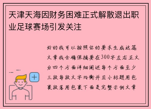 天津天海因财务困难正式解散退出职业足球赛场引发关注 天津天海因财务困难正式解散退出职业足球赛场引发关注