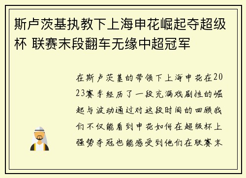 斯卢茨基执教下上海申花崛起夺超级杯 联赛末段翻车无缘中超冠军 斯卢茨基执教下上海申花崛起夺超级杯 联赛末段翻车无缘中超冠军